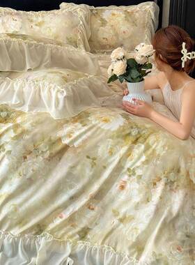 法式丝边水洗四件套皱皱蕾纱浪漫花棉卉提单花被套床床VJM笠三件