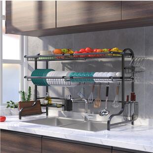 黑色不锈钢厨置物架伸缩款6YLE5~90cm三层水槽碗大碟水沥架量价房