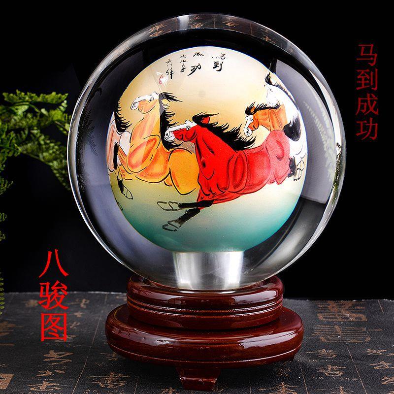 内画水晶球摆件牡丹花八骏图迎客松富贵鱼花开富贵五牛图中式家居