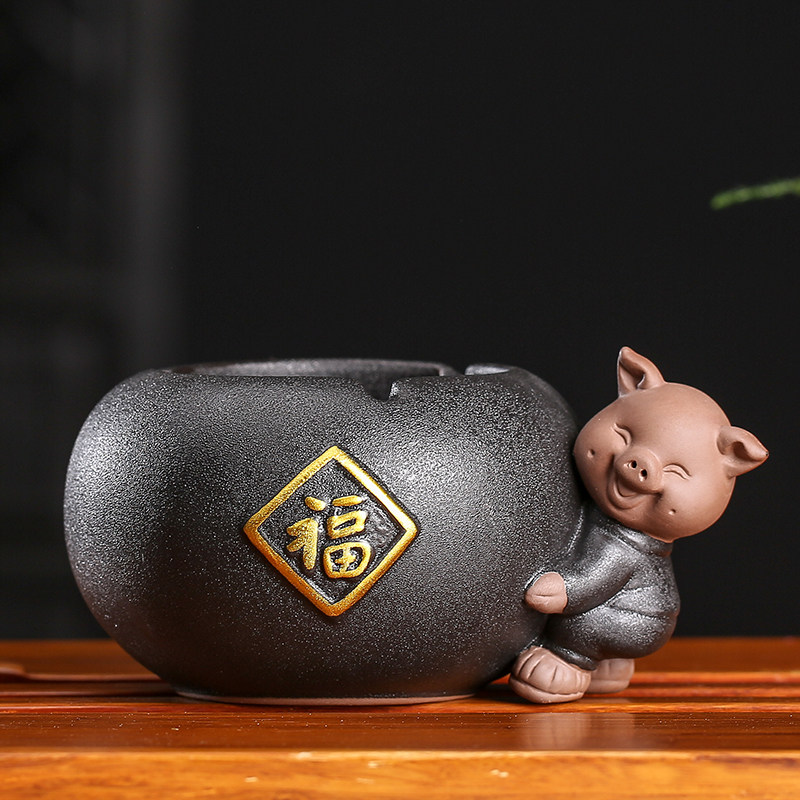 陶瓷烟灰缸创意个性复古小猪茶宠摆件茶具配件家用客厅茶道礼品