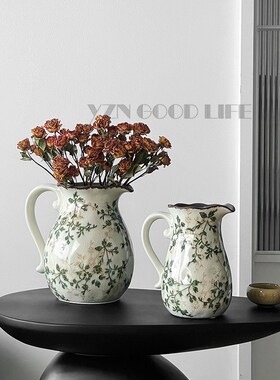 绿色繁花冰裂复古陶瓷花瓶奶壶插干花水培器皿客厅餐桌面创意摆件