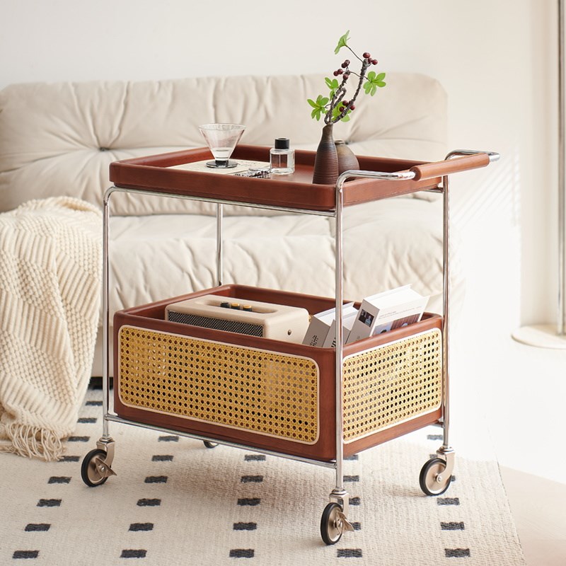 实木小推车中古沙发边几可移动客厅侧边柜藤编小茶几现代简约角几
