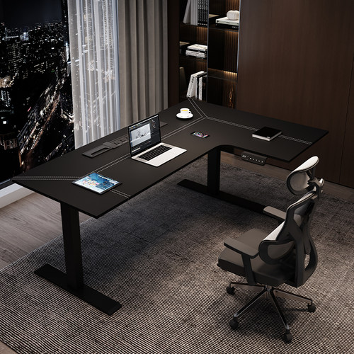 转角电动升降桌拐角电脑桌子何同学皮面工作台办公桌实木书桌家用