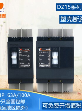 人民电器DZ15塑壳断路器2P3P63A空气开关100A220V380V80A空开