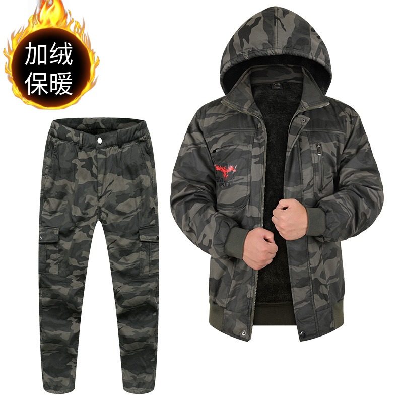加绒加厚工作服套装男冬季短款防寒服电焊工带帽整套军绿色劳保服