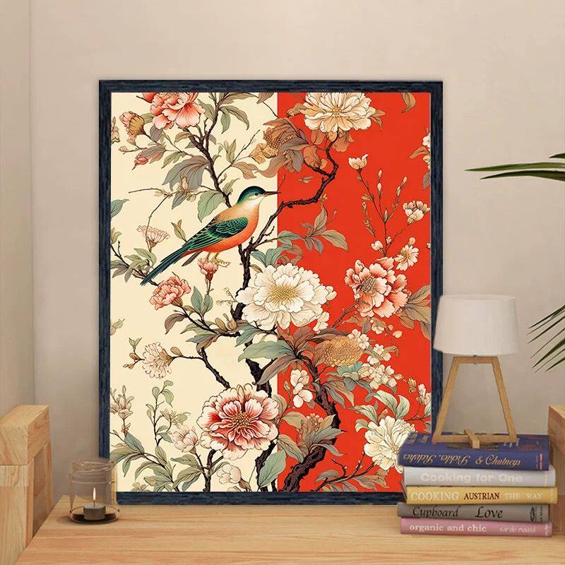 花卉喜鹊diy数字油画2024新款手绘国风丙烯画填充涂色填色油彩画