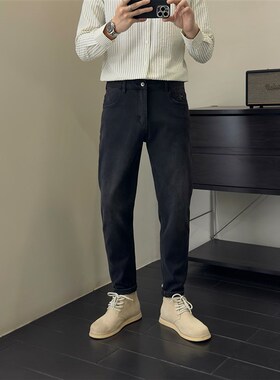 里奈男装 黑灰色高弹牛仔裤男士百搭韩版修身直筒小脚裤潮流裤子