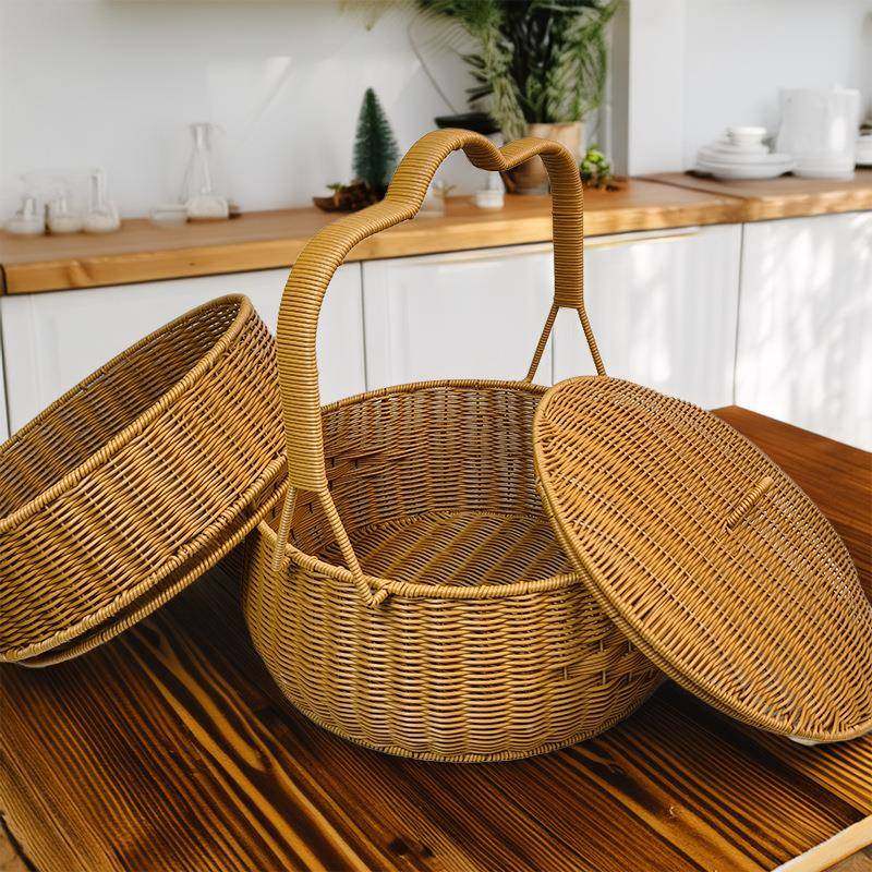 拜FRH拜祖宗篮子手提手餐篮仿藤盖野圆形双层超特大带号藤编工编