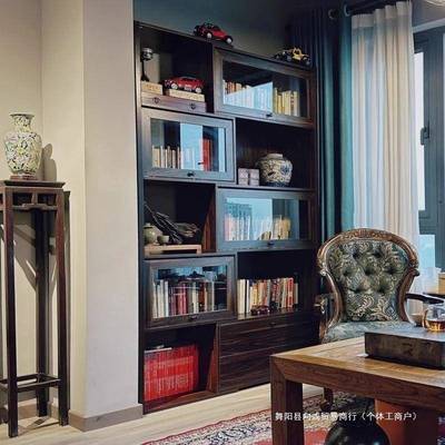 美式整墙柜储物其柜MJX展玻璃门示柜落地置书物架带一体书客厅伸