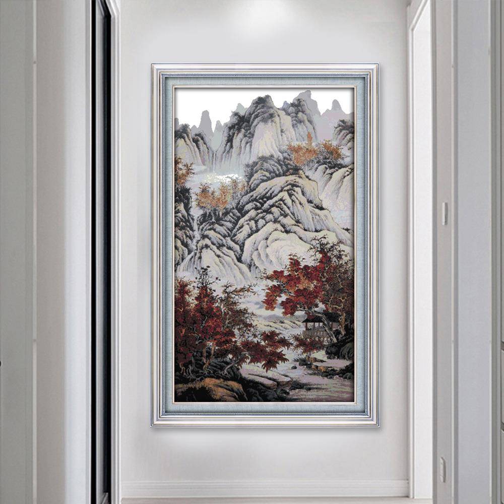 新款清晰花十字印绣幅秋山红树唯布美风F153景大客厅挂画艺工艺品