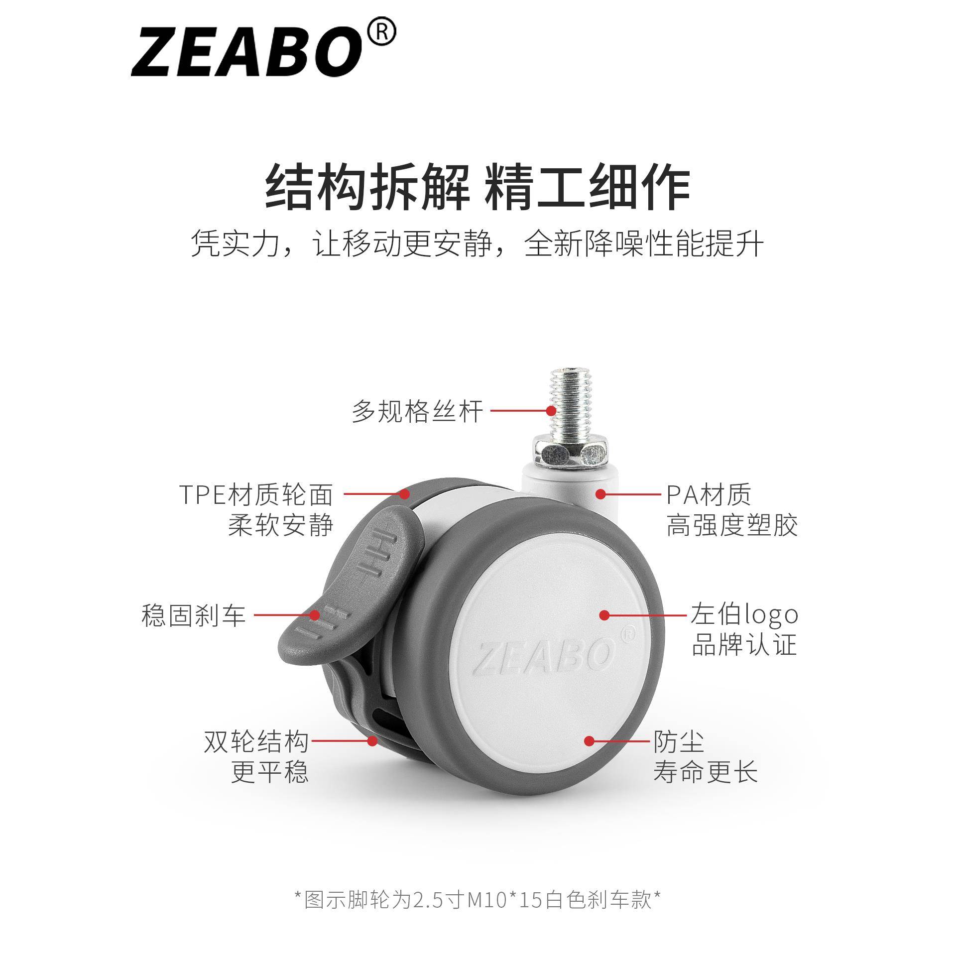 2.5英寸静音万向轮轮螺丝置UPC轮物架轮M8M210M1脚升降桌滚轮橡胶