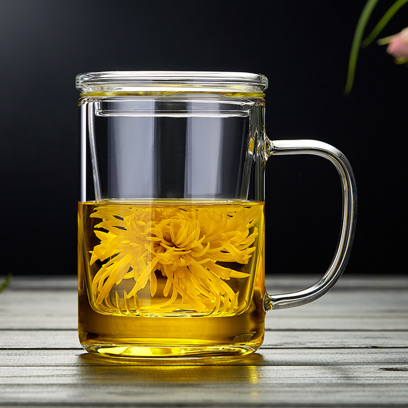玻璃杯带把盖家用大容量办公男女B花茶杯透明喝水茶水分离泡茶杯