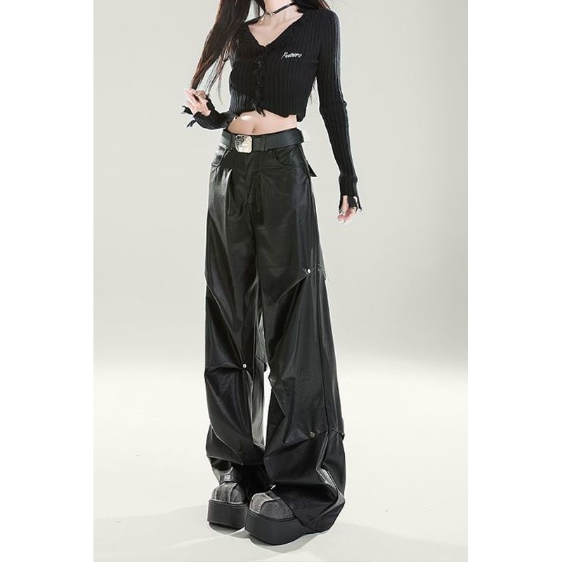 黑色高腰阔腿皮裤辣妹2025年春秋季时尚新款设计感小众拖地裤子