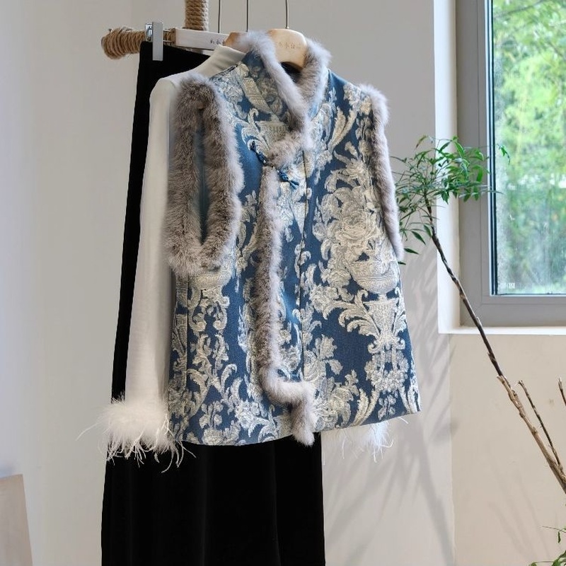 高级感拼接夹棉加厚背心外穿国风无袖上衣冬款新中式复古斜襟马甲