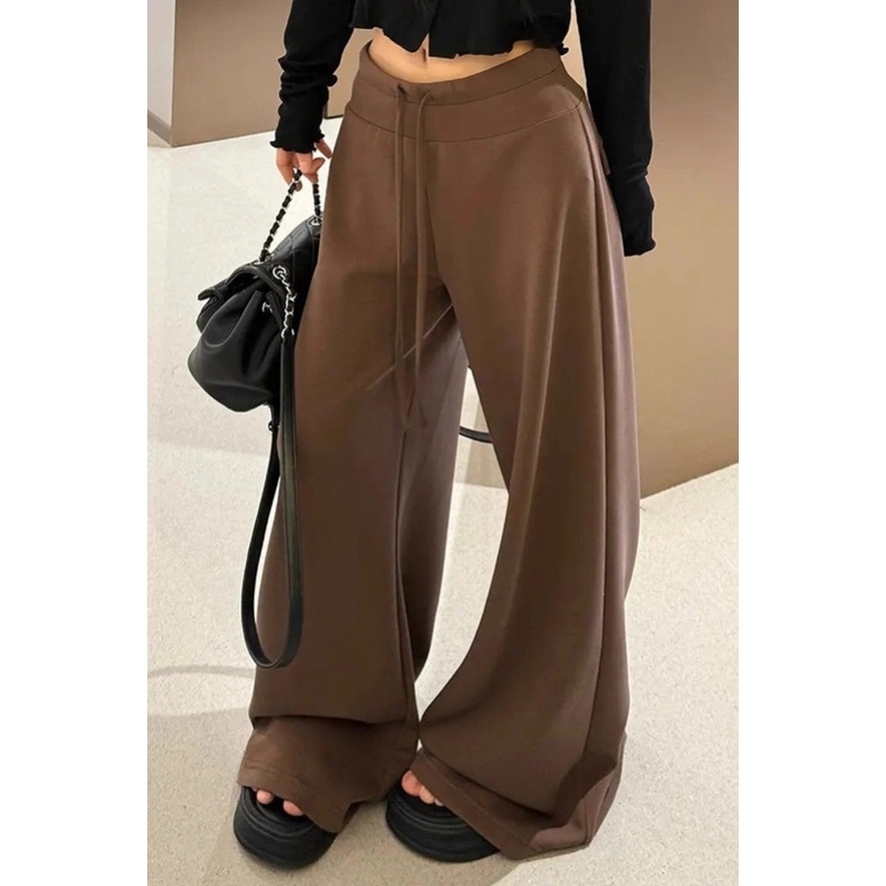 美式棕色低腰运动裤女2025秋冬新款高腰显瘦卫裤慵懒风加绒阔腿裤