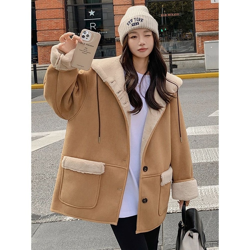 连帽羊羔毛棉服冬款宽松外套女皮毛一体爆款空气层小个子加厚外套