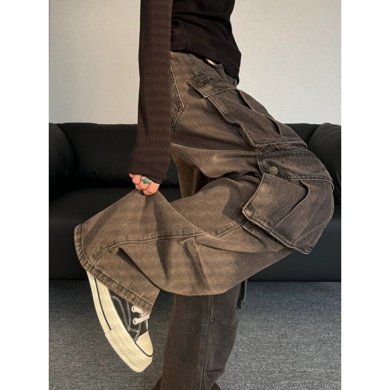 大码美式复古做旧水洗多口袋工装牛仔裤女街头痞帅宽松休闲裤子潮