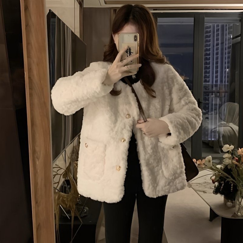 羊羔加厚外套香风上衣秋冬季2025新款高级宽松小个子毛毛棉服女