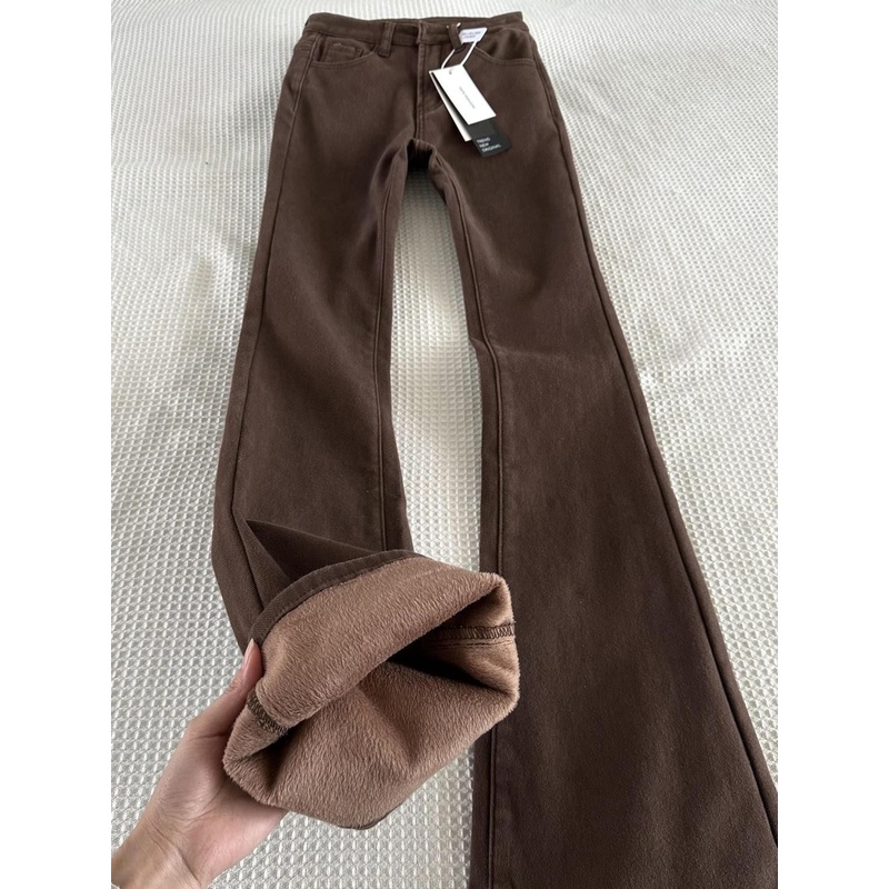 秋冬加绒保暖微喇叭牛仔裤女咖啡色高腰弹力显瘦百搭小个子马蹄裤