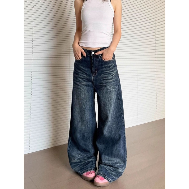 大码美式复古猫须水洗直筒牛仔裤女设计感街头宽松堆积感百搭裤子
