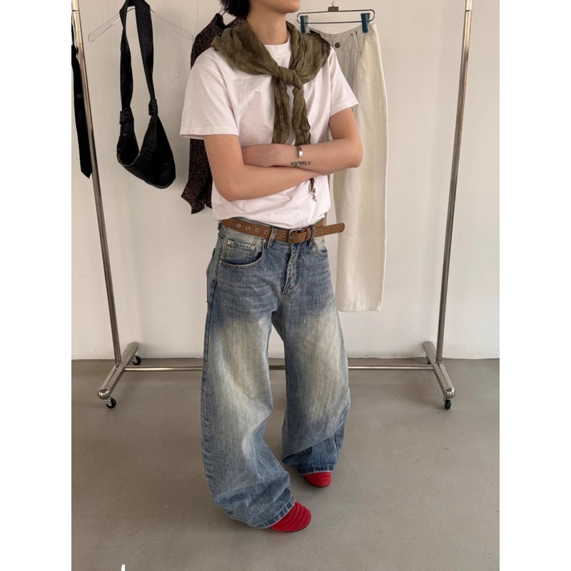 大码美式复古水洗直筒牛仔裤女设计感宽松休闲显瘦百搭高腰拖地裤