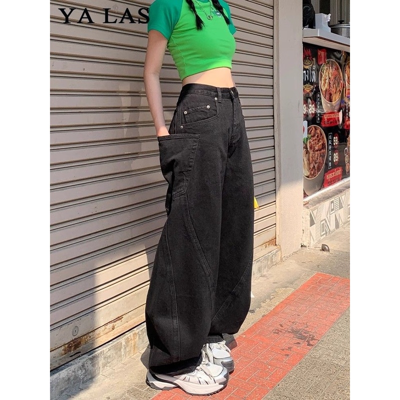 大码美式黑色阔腿牛仔裤女秋季新款复古高腰宽松百搭镰刀直筒裤子