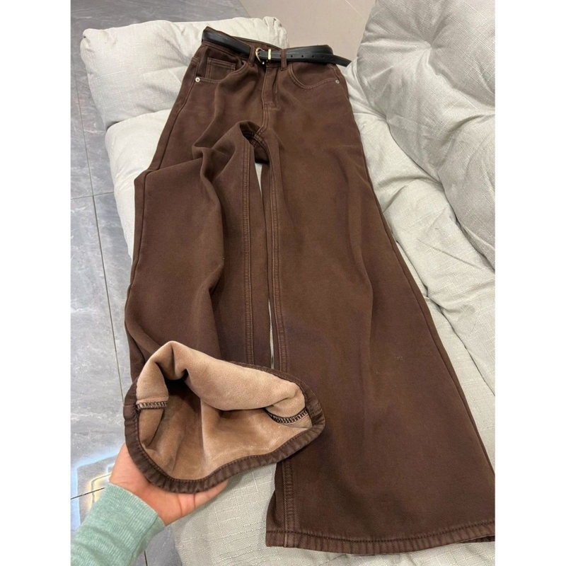 美拉德棕色加绒加厚阔腿牛仔裤女秋冬高个子加长高腰宽松直筒裤子