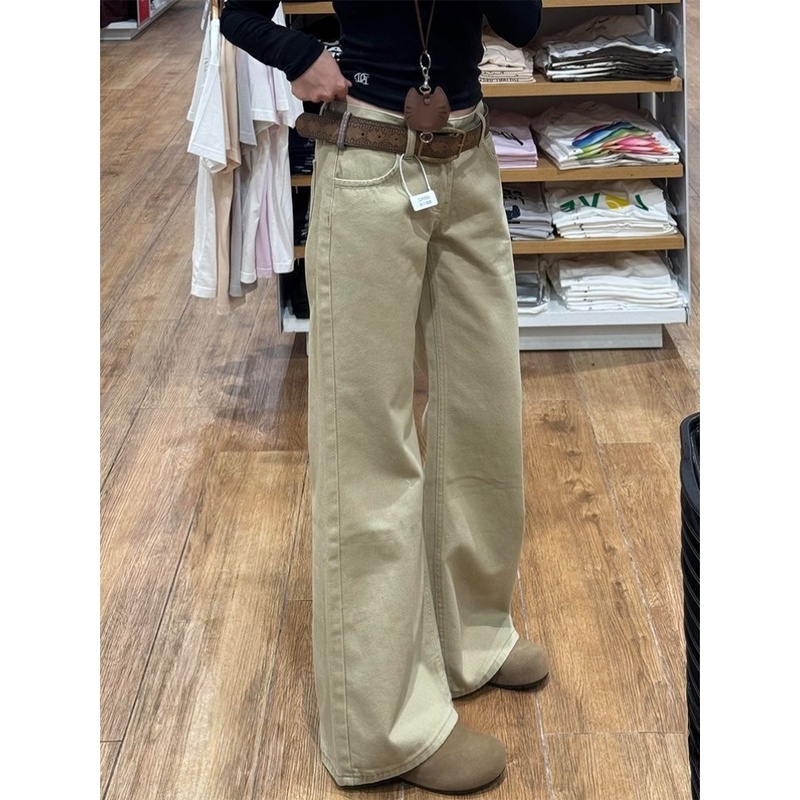 美式卡其色微喇牛仔裤女低腰宽松显瘦不贴腿拖地马蹄喇叭长裤子潮