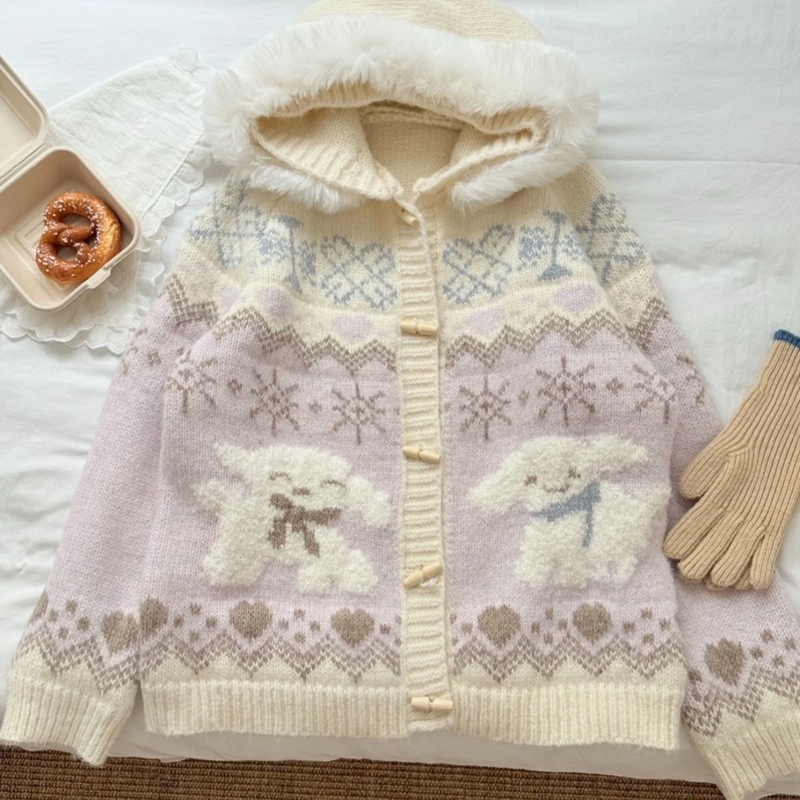 慵懒风费尔岛外套秋冬牛角提花连帽针织毛领毛衣宽松甜美上衣开衫