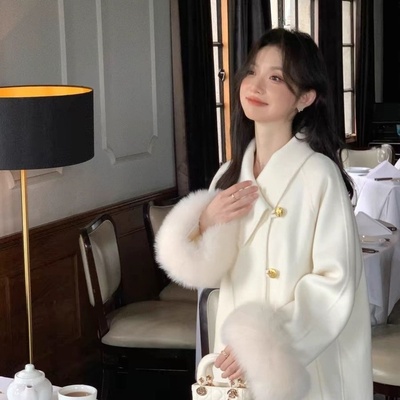2025春季新款新中式双面呢子大衣中长款女士小香风白色毛呢外套女
