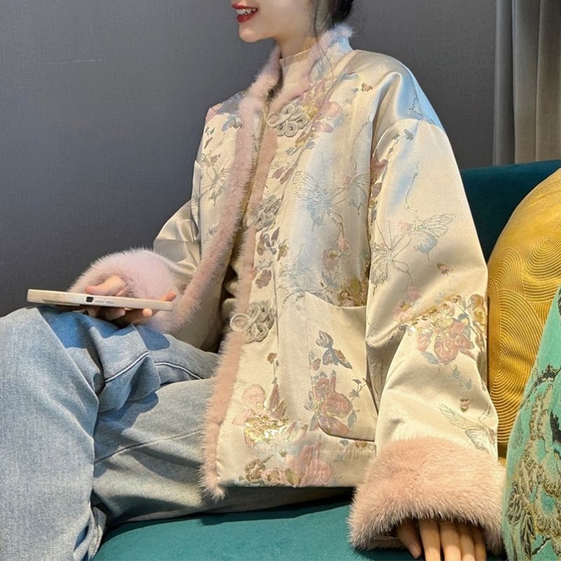 2024新款新中式国风提花缎面刺绣拼接水貂毛外套女秋冬高级感上衣