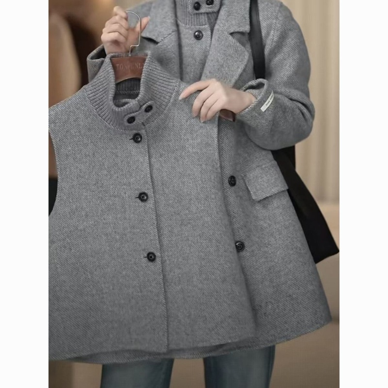 2025人字纹两件套春秋冬新款立领马夹内搭气质时尚毛呢大衣外套