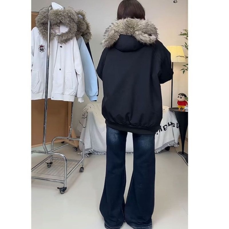 韩系高级感加绒刺绣小熊可拆毛领男女2025秋冬加厚保暖棉衣外套潮