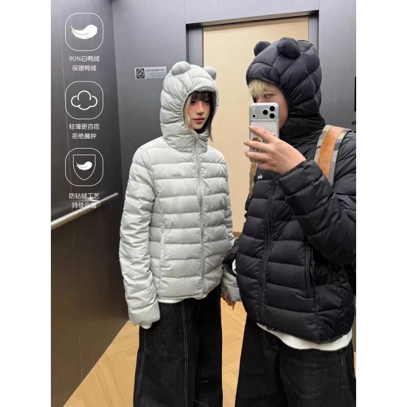 Amoeba甜酷小熊耳朵连帽排骨羽绒服90白鸭绒女冬季轻薄保暖外套