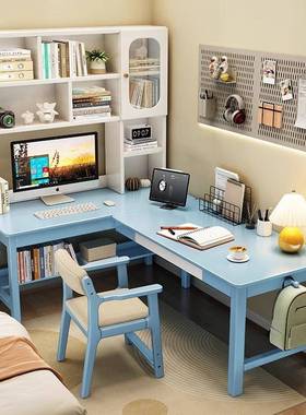 实木公转角书桌书架一体桌LAAI型电脑桌拐角工作7字型柜书组合办