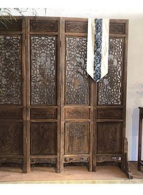 中式ZFS实木屏播风仿古做旧镂雕花樟木折厅叠移动客隔断空复古直