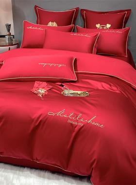 结婚床四套件庆婚大红4件套水洗棉上红色刺绣四件VIX套绣花套件厂