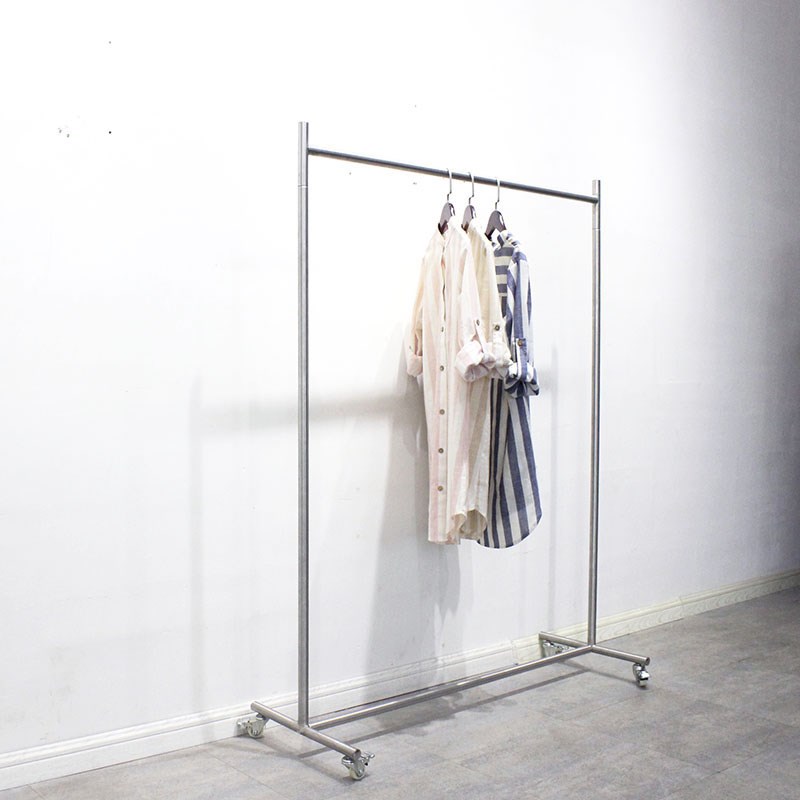 服装店挂衣杆落地式不锈钢拉丝银男女装店中岛展示架带轮陈列货架