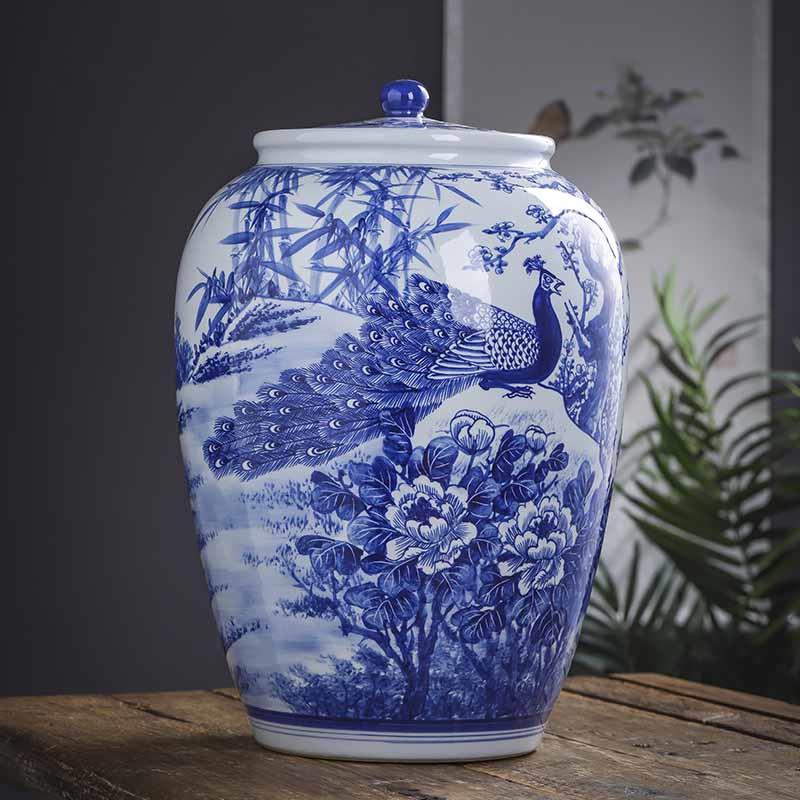 景德镇手绘青花陶瓷米面缸油水缸带盖家用装茶叶罐储物罐摆件50斤