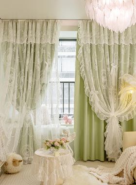 新款双层绿色洛可可成品遮光布纱一体卧室客厅书房公主风法式窗帘