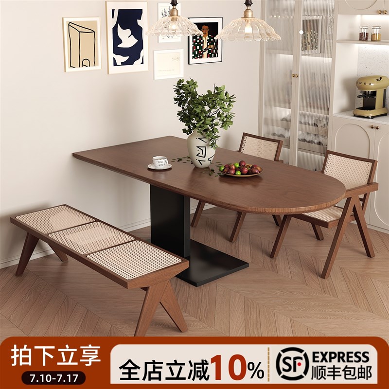 中古风全实木半椭圆岛台餐桌 家用餐厅桌椅组合 靠墙吃饭桌1021