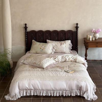 法式油画风凉感莱赛尔四件套花卉印花夏季裸睡蕾丝边被套床品绿色