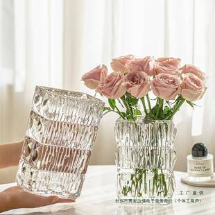 花瓶摆件客厅插花玻璃透明水晶网红轻奢感水养玫瑰鲜花餐桌小