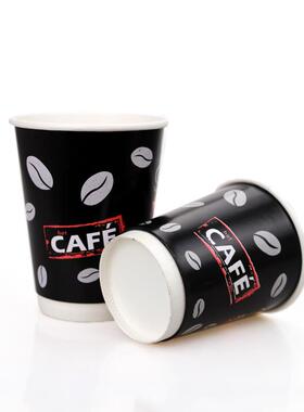90口径14盎司400ml黑色双层中空外贴隔热饮水咖啡奶茶纸杯子 带盖