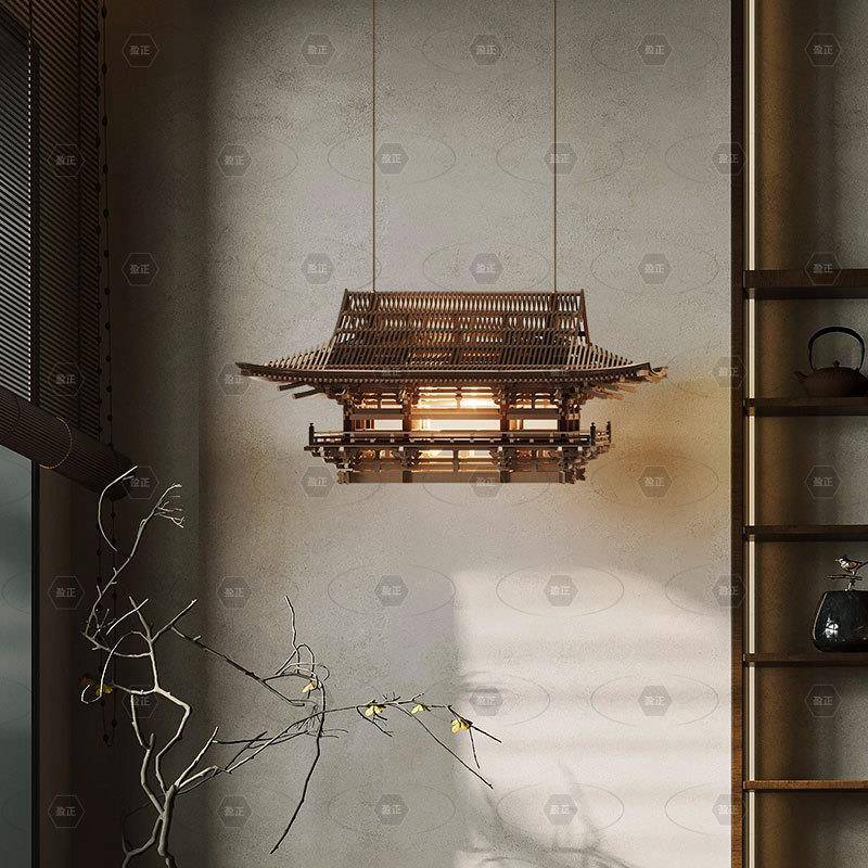 新中式木头阁楼吊灯房子灯设计师仿真古建筑样板房过道悬空吊灯