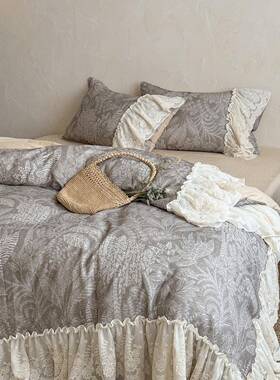 A类法式复古风全棉双层纱布四件套蕾丝花边被套文艺床笠款浅灰色
