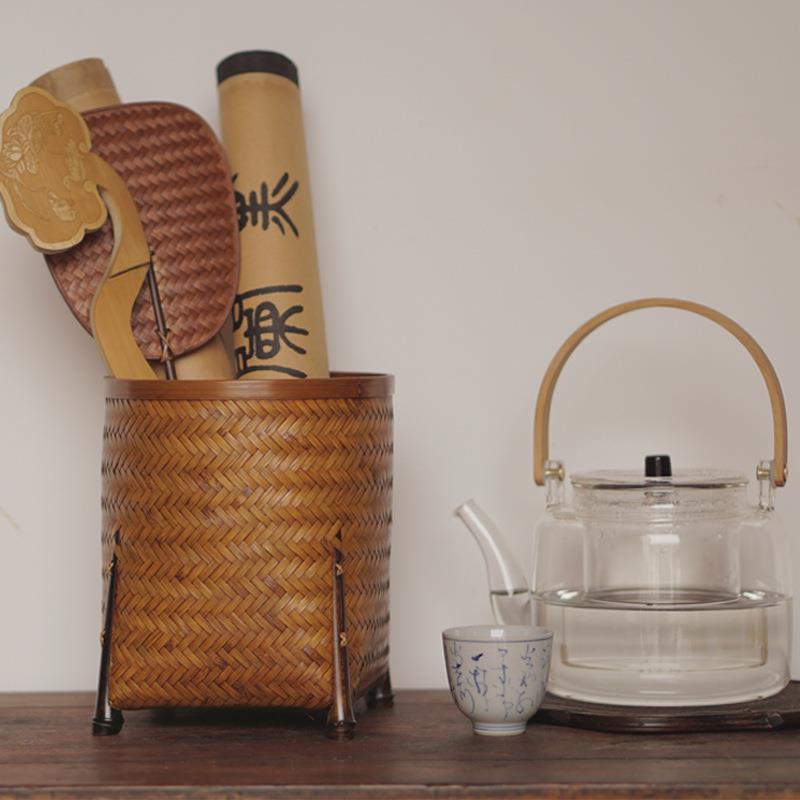 竹编茶桶六君子茶则茶针茶夹收纳桶整理桌面笔筒插花竹筐