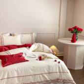 中式 红色婚庆四件套全棉长绒棉床单立体玫瑰刺绣被套结婚床上用品