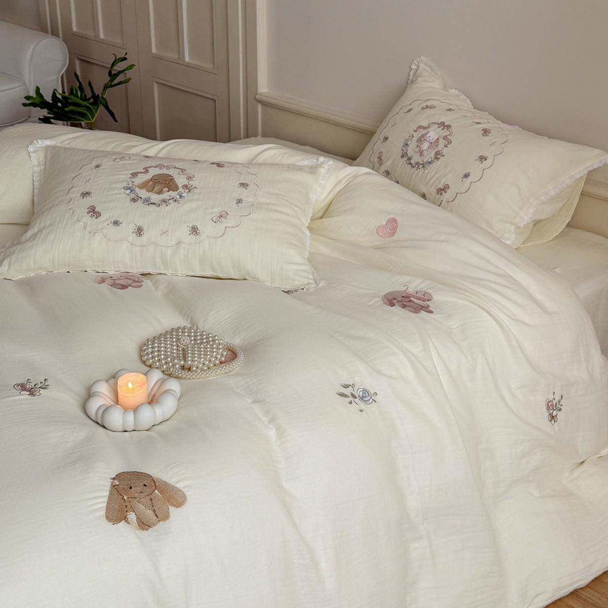 法式少女心皱皱纱柔软全棉三四件套纯棉床单可爱小兔刺绣被套床品
