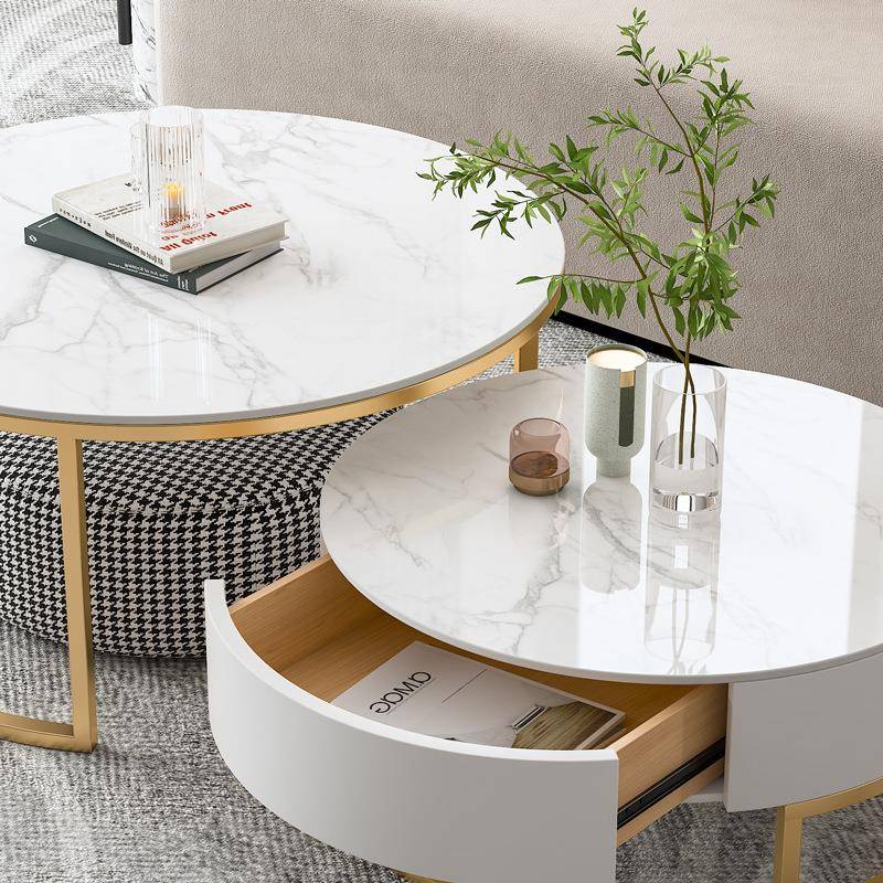 大理石小茶几组合客厅简约现代家用小户型轻奢带抽屉圆形茶几桌子